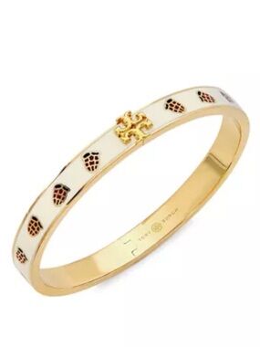 Tory Burch Kira Enameled Hinged Icon Bracelet White Gold-Tone Double T Logo NWT